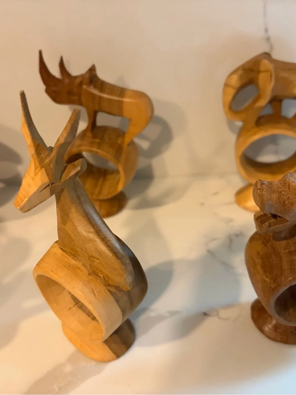 1970s Vintage Hand Carved Wooden Safari Animal Napkin Rings Set of 12